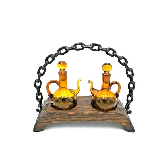 Alder Wood With Amber Glass  and Wrought Iron Handle Cruet Set- Oil & Vinegar - Picture 8 of 10